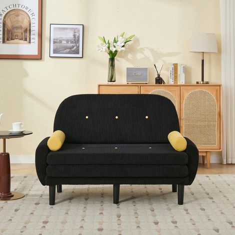 Canapé deux places en velours côtelé noir pour le salon, utilisable comme lit de jour et fauteuil inclinable avec espace de rangement.