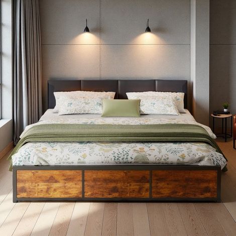 Letto matrimoniale 180x200 - Rete integrata - Cassetti - Illuminazione LED connessa - Stile industriale nero