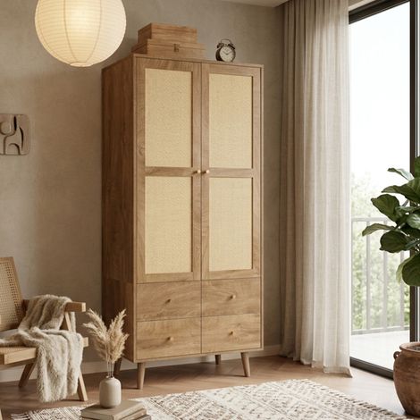 MODFU – Armario de almacenamiento 80x50x180 cm de MDF con ropero, estantes, 2 cajones, frentes efecto ratán, carga 50 kg y certificación FSC – Nogal natural (1/5)