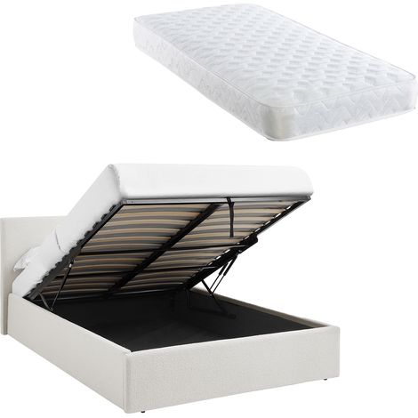TEDDY BOUCLE 3FT Single White Ottoman Storage Bed Gas Lift Up (3ft) with Bonnell Spring Mattress