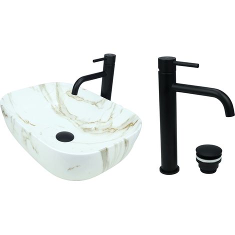 GTM Design Aufsatzwaschbecken 46 cm Glanz Set mit Waschtischbatterie und Stopfen - Aufsatzwaschbecken Oval für Badezimmer - Modernes Waschbecken ohne Hahnloch - Waschbecken mit Armature (1/5)