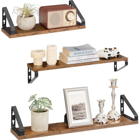 Étagère Murale, Tablette Flottante, Lot de 3, 2 Façons de Montage, Étagère de Rangement Suspendue, pour Salon, Cuisine, Bureau, Salle de Bain, Marron Rustique et Noir Mat (1/5)