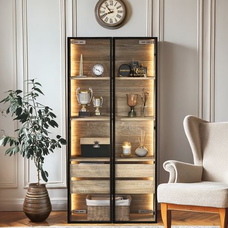 Armario de baño 73 cm natural en MDF con LED, puertas de vidrio esmerilado y 2 cajones