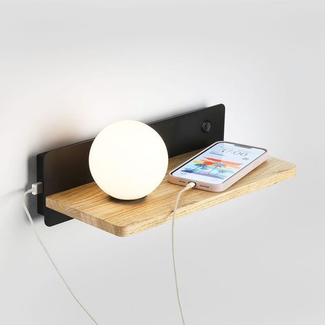 Applique murale boule verre opale avec port USB socle bois naturel G9 chambre