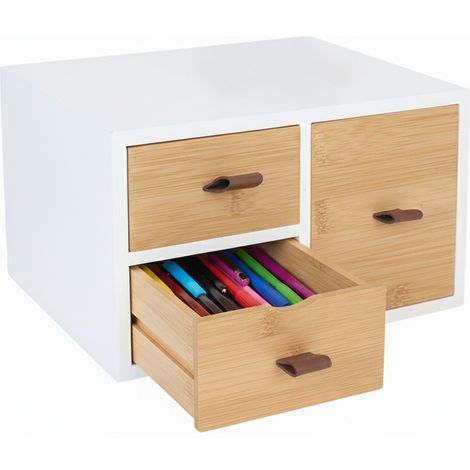 Caja con cajones Relaxdays de bambú y MDF, 3 cajones, HBT: 15 x 25 x 20 cm, organizador de escritorio, blanco/natural (1/5)