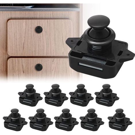Confezione da 10 serrature a pulsante per armadietti, chiusura senza chiave, adatte per ante di camper, barche, furgoni, yacht e roulotte con spessore di 15-18 mm, colore nero. (1/5)