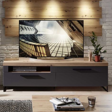 Meuble TV Lorna 1 tiroir &amp 1 porte pliante - anthracite/chêne (1/5)
