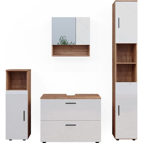 Conjunto de muebles de baño Irma, Blanco brillo intenso/roble dorado, 4 piezas, con cajonera y armario alto, Vicco