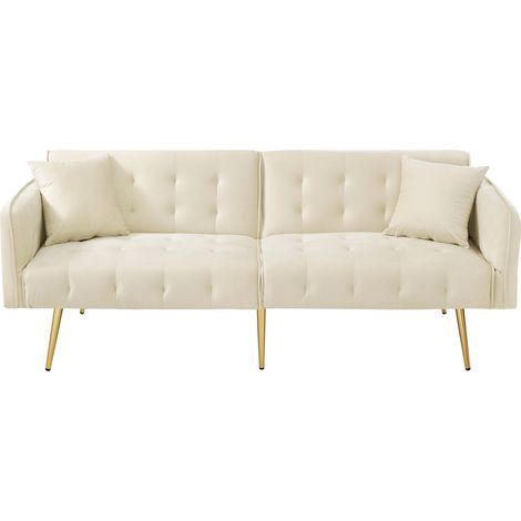 Divano letto 2 posti multifunzione in velluto beige con schienale reclinabile e braccioli regolabili (1/5)
