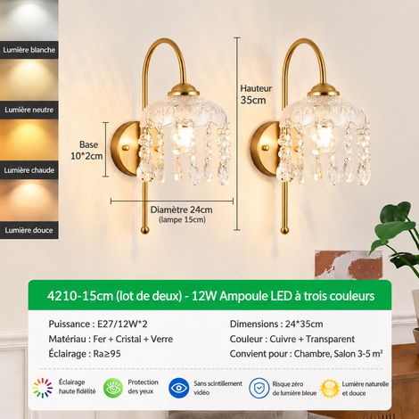 Applique murale cristal rétro lot de 2 pièces modèle 15 cm LED 12W boule magique variation 3 couleurs spectre complet 1,6 kg – Livraison gratuite (1/5)