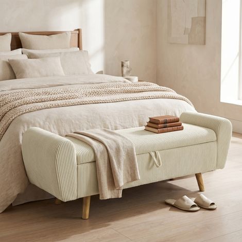 DESMIU Banc de rangement Banc coffre en velours côtelé avec accoudoirs rembourrés et pieds en bois Beige