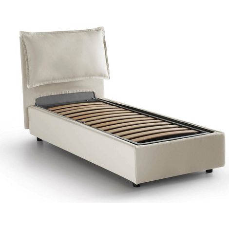Talamo Italia Letto singolo Luna, Letto contenitore con rivestimento in tessuto, 100% Made in Italy, Apertura laterale, adatto per materasso Cm 80x190, Beige, con imballo rinforzato