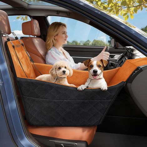 Siège Auto Élevé pour Chien, Siège Rehausseur pour Petits et Moyens Chiens Jusqu’à 16kg, Coussin Ultra-Douce de Forme Lavable, 3 Ceintures de Sécurité et 2 Poches de Rangement, Noir + Marron (1/5)