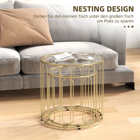 Lot de 2 tables gigognes en verre trempé, piètement métallique doré, design moderne empilable (1/4)