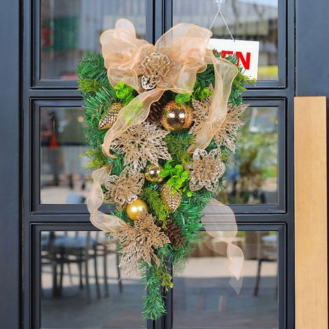 Guirlande De Noël En Rotin - Couronne De Noël Dorée Avec Boules Et Ruban En Dentelle - Décoration Extérieure Et Intérieure Pour Porte Mur Ou Salle - 1 Pièce (1/5)