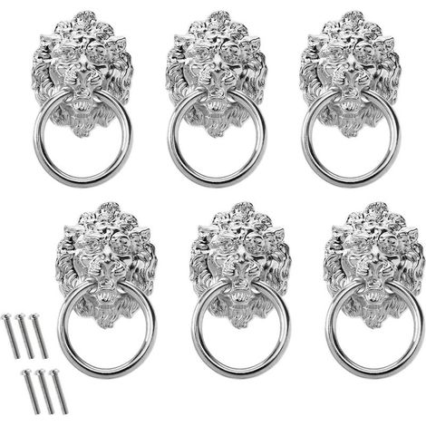 Poignée vintage en argent, 6 pièces, tête de lion, bouton en alliage de zinc avec vis, convient pour armoire, tiroir, coffre, boîte en bois (1/5)