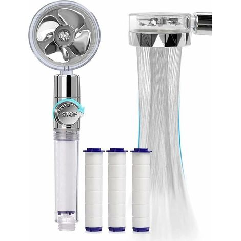 Cabezal de ducha antical ahorrador de agua, cabezal de ducha de hélice de alta presión con rotación de 360°, sistema de filtración de tres niveles con 3 filtros de algodón PP reemplazables (plateado) (1/5)