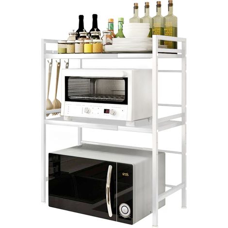 Erweiterbar Mikrowellenofen Rack I Mikrowellenregal (3-stufig) Microwave Shelf I Extrem Standfest I Rutschfeste Füße I Haken I Weiß (1/5)