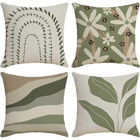 IcosaMro Housses de coussin décoratives bohèmes 45 x 45 cm, lot de 4, vert sauge, motif floral, en coton et lin, style frais et décoratif. (1/5)