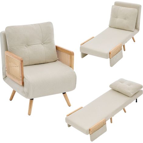 Fauteuil convertible 3 en 1 avec fonction couchage, fauteuil inclinable dépliable et lit d'appoint, fauteuil lounge rembourré avec dossier réglable en 5 positions et accoudoirs en rotin, beige. (1/5)