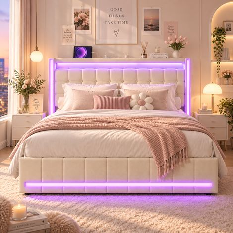 Lit double 140x200 avec 4 Tiroirs, lit adulte avec sommier, avec Tête de Lit Rembourrée, bandes lumineuses LED en tête et pied de lit, lin beige
