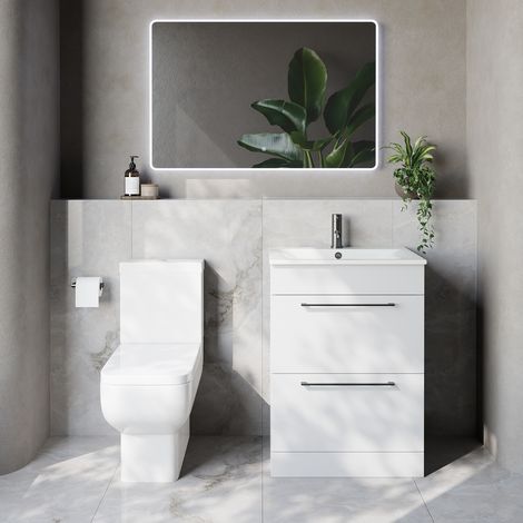 Napoli 460 Gloss White 600mm 2 Drawer Vanity Unit and Tacoma Comfort Height Toilet Suite with Angel Basin - 600mm - Gunmetal Grey 320mm Handle