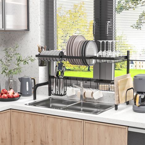 Scolapiatti da appoggio sopra il lavello, scolapiatti regolabile a 2 livelli, in acciaio, 93 x 30 x 52 cm, nero