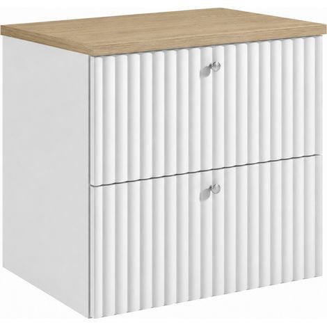 Mobile da bagno sospeso con piano 60, bianco + piano rovere chiaro, maniglie in tre colori, 60 x 44,4 x 58,6 cm (1/5)