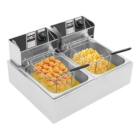 Friteuse Électrique Double Cuve, Friteuse Professionnelle Inox 6L Thermostat Réglable 60-200°C, Double Réservoir Indépendant 2500W+2500W, Paniers-Filtres, pour Restaurant Snack Fast-Food (1/5)