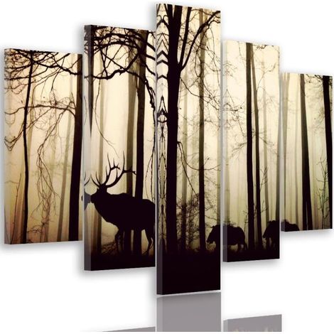 Quadri Quadro 5 pezzi Stampa su tela Cervi nella foresta Nebbia Marrone - 100x70 (1/5)