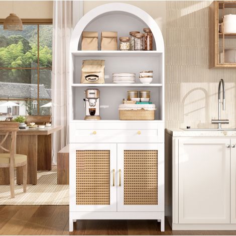 Buffet de rangement avec portes effet rotin, tiroir et niches, blanc et bois naturel pour salon, 70x40x170 cm (1/5)