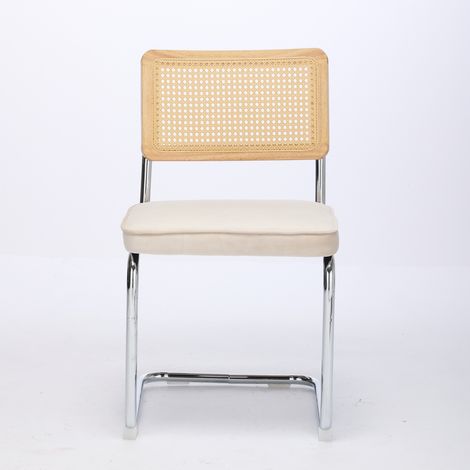 Lot de 2 chaises de salle à manger vintage, accoudoirs en velours doré avec dossier en rotin naturel et piètement chromé, style Breuer, chaises de cuisine rembourrées DE1851BG (1/5)