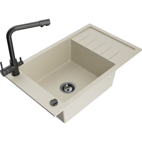 Mexen Elias Granitspüle 1-beckig mit Abtropffläche und Küchenarmatur Duero, beige - 6511-69-671600-70 (1/5)