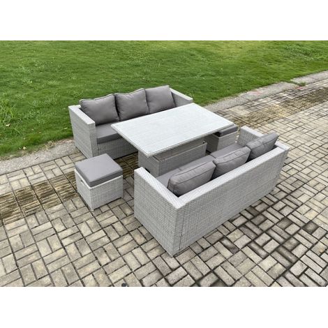 Fimous Outdoor Rattan Garden Funiture Set Height Adjustable Rising Lifting Table Sofa Dining Set with 2 Small Footstools (1/5)
