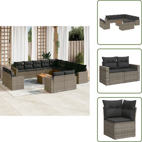 14-tlg. Garten-Sofagarnitur mit Kissen Grau Poly Rattan - Gartenmöbel Set - Esszimmergarnitur - Outdoor Möbel - Lounge Garnitur - Rattan Gartenmöbel (1/5)