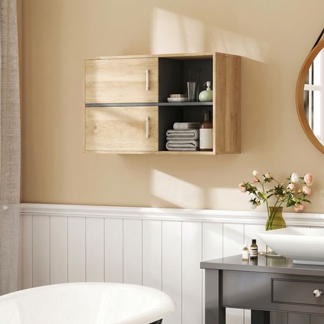 Meuble de Salle de Bain Murale avec Compartiments Ouverts et 2 Portes Meuble de Salle de Bain Moderne 80x35x57,5 cm Naturel (1/5)