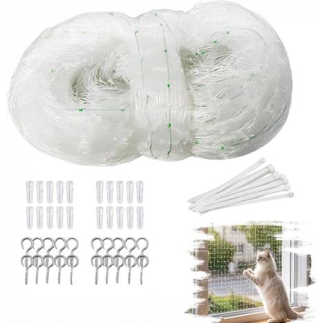 Filet de protection pour chat pour balcon, 3 x 8 m, en nylon, avec 60 serre-câbles, 20 crochets et 20 ancrages muraux pour fenêtre, plafonnier, terrasse (blanc) (1/5)