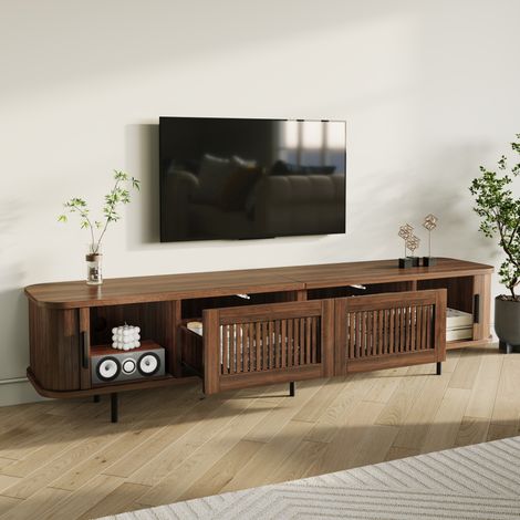 Mobile TV da 180 cm con illuminazione a LED controllabile tramite app, 2 cassetti, ante scorrevoli, in MDF color noce (1/5)