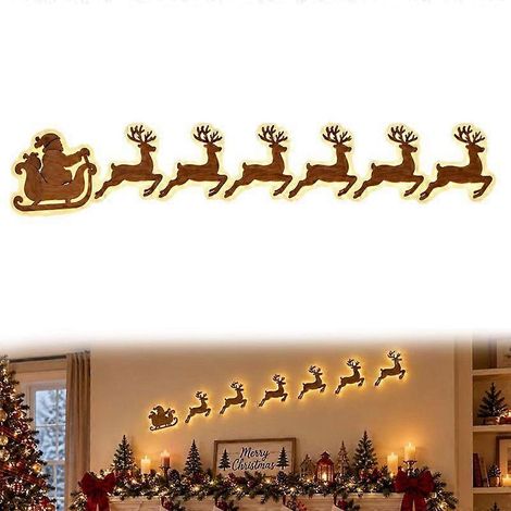 Décoration murale de Noël en bois avec Père Noël et rennes à LED, panneau lumineux détachable représentant un traîneau et des rennes, éclairage festif d'ambiance chaleureux pour le salon et la chambre (1/5)