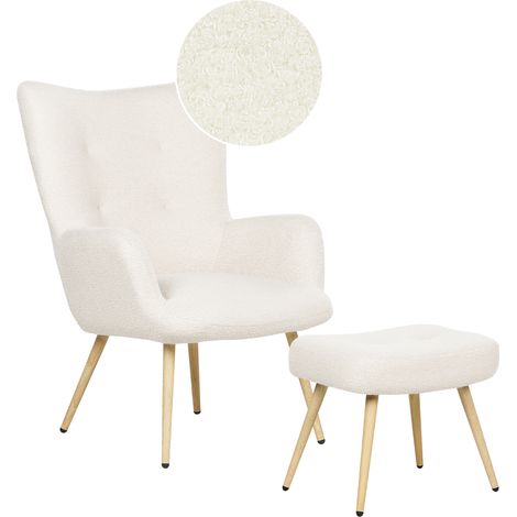 Sillón orejero moderno de mediados de siglo tapizado de bouclé blanco crema con reposapiés Vejle II