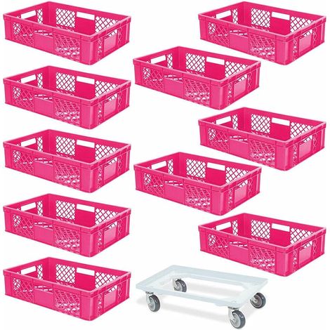 BRB Lot de 10 bacs euro, L x l x H 600 x 400 x 150 mm, qualité industrielle, qualité alimentaire + 1 chariot de transport avec planche en plastique ABS incassable (rose/blanc) (1/2)