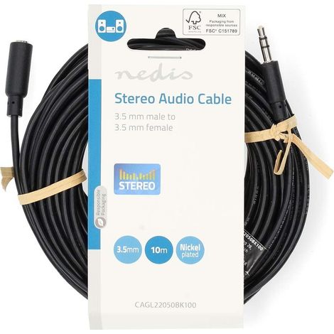 Nedis stereo audiokabel 35 mm stecker 35 mm buchse vernickelt 100 m rund schwarz label 200135635