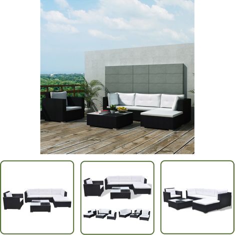The Living Store Salon de jardin 6 pcs avec coussins résine tressée noir - Salon De Jardin - Meubles De Jardin - Salon Extérieur - Set De Salon - Canapé Rotin (1/5)