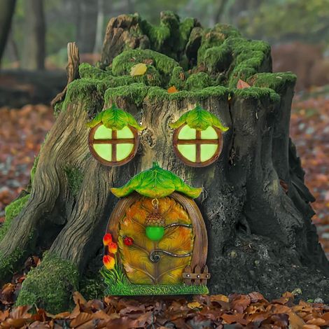 Décoration miniature de maison de fée et de gnome pour arbres, fenêtre et porte phosphorescentes en forme de feuille, fées endormies, sculpture lumineuse pour jardin, ornement de pelouse (1/5)