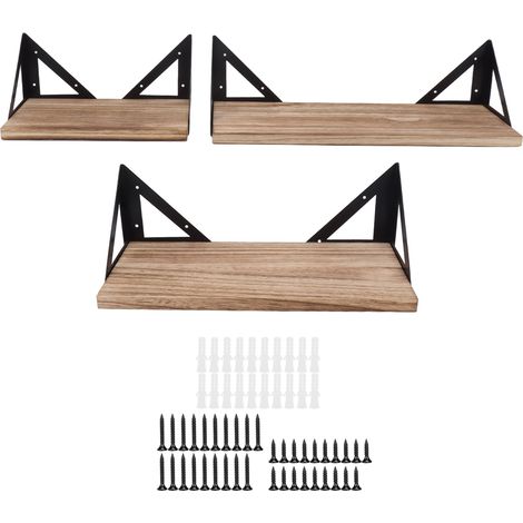 Lot de 3 étagères flottantes en bois, fixation murale, support de rangement suspendu, supports triangulaires en fer (1/5)
