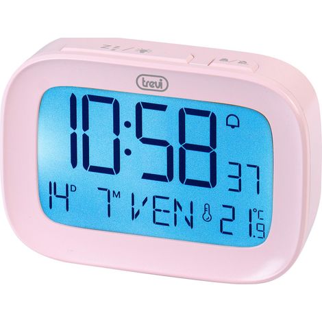 Trevi SLD 3850 Orologio Sveglia Digitale con Termometro Integrato, Grande Display LCD, Orologio e Calendario, Funzione Snooze, Rosa (1/4)