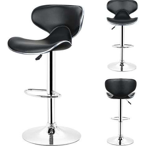 Lot de 2 chaises de Cuisine, Chaise de Bar avec Structure en acier chromé, Surface en Simili Cuir, Repose-Pieds Hauteur réglable, Montage Facile, Noir (1/5)