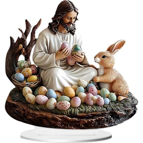 Lapin de Pâques décoration 2D plat acrylique table décoration Jésus et lapin coloré œufs décoration avec socle pour la maison Pâques décoration de fête (1/5)