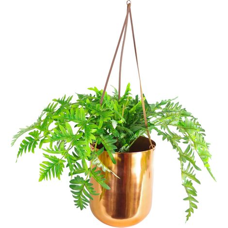 60cm Hanging Copper Planter with Artificial Evergreen Fern Plant (1/4)