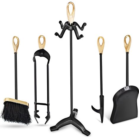 5 Piece Fire Companion Set Iron Fireplace Fireside Tool Brush Poker Tongs Shovel (1/5)